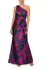 New Adrianna Papell One Shoulder Jacquard Gown In Navy Orchid Sz 12 $249