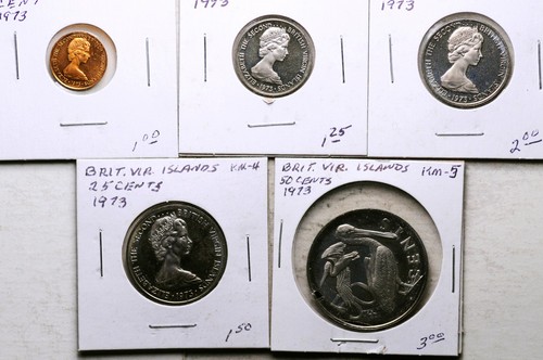 1973 B.V.I. BRITISH VIRGIN ISLANDS LOT OF FIVE COINS 1-5-10-25-50 CENTS (PROOF!)