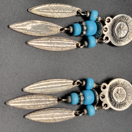 Blue Turquoise Dream Catcher Feather Earrings Silver Tone Boho Dangle Jewelry - Picture 19 of 24