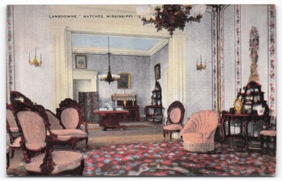 Lansdowne Natchez Mississippi Interior Antique Furnishings Postcard c1910