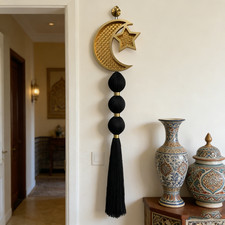 Black Moon Star Macrame Wall Hanging Boho Tas...
