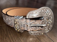 Belt Leather Silver Ornate Buckle Rhinestones Western Floral Woman 1996
