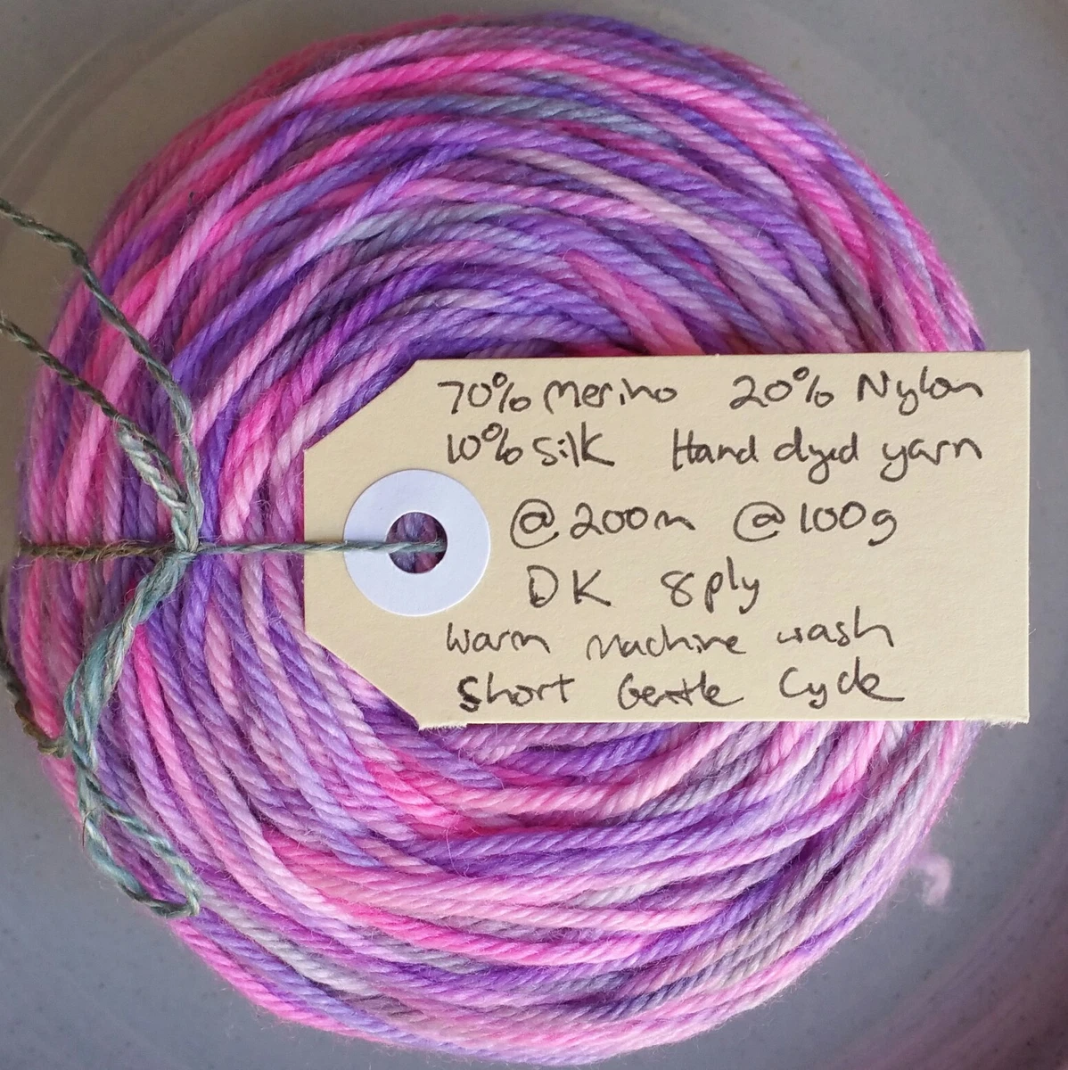 Hand Dyed 8ply Yarn, 100g 200m Variegated Pink Purple Grey Merino Nylon Silk