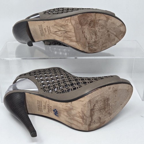 Halogen Brown Leather Perforated Caged Heels Open Toe Sandals Edgy Slingback Zip - Picture 8 of 10