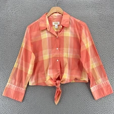 Talbots Top Womens Small Orange Plaid Button Up Collared 3/4 Sleeve Tie Front