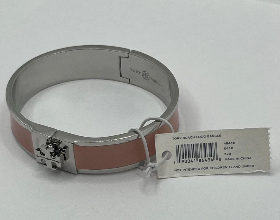 Brazalete Brazalete Bisagra Tory Burch Kira Logo Rosa Y Plata 10mm Nuevo con Etiquetas Foto 3 de 4