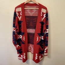 Aztec Pattern Cardigan Open Front Red Navy Southwestern Pockets Cozy Size XL