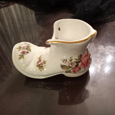 Old Foley Staffordshire Boot Harmony Rose Spray of Roses white flowers Gold Rim 