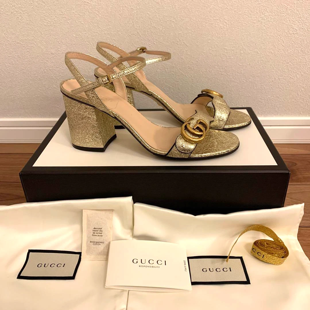 GUCCI Metallic Laminate Leather Mid Heel Sandal Double G Size 38 US 8 with  Box