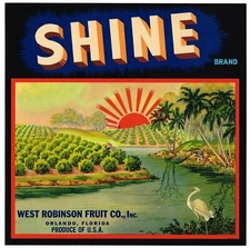 ORIGINAL 1930S ORANGE CRATE LABEL FLORIDA SHINE RISING SUN ORLANDO HERON SUNRISE