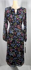 Calvin Klein Dress Midi A-Line Flare 8 Long Sleeve Belted Chiffon Keyhole $149