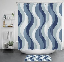 Minimalist Modern Blue Abstract Striped Shower Curtain Set for Bathroom Decor