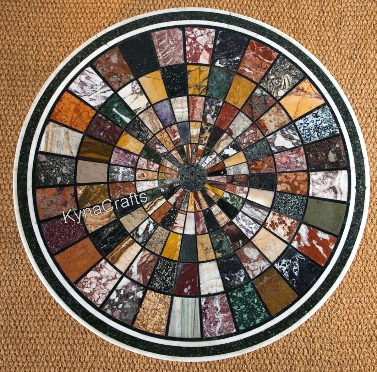 Green Round Marble Coffee Table Top Geometric Pattern Inlay Work Entryway Table