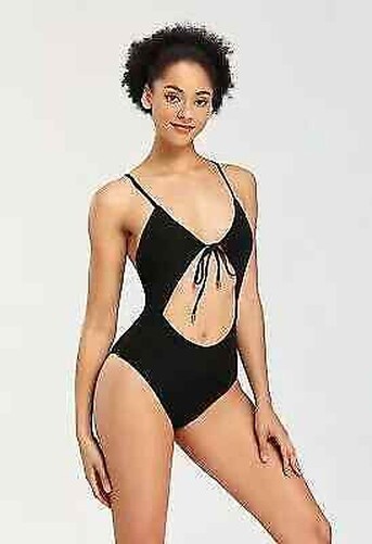 Moda Playa Traje De Bano Monokini Mujer Elegante Escotado Negro Perforado 6150
