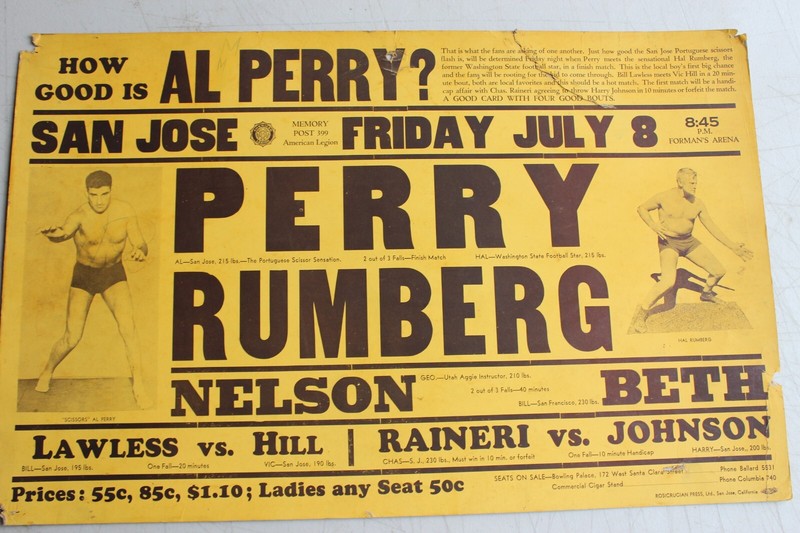 Wrestling Posters (2) From San Jose CA PERRY/RUMBERG 7 COX/NELSON Cardboard