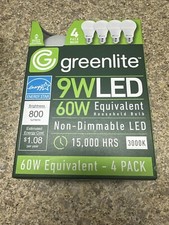 4 LED Light Bulbs GREENLITE 9W 60Watt Equivalent 3000K 800Lumen Bright White A19