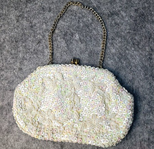 Vintage Small White Fine Beaded Work Evening Bag Purse