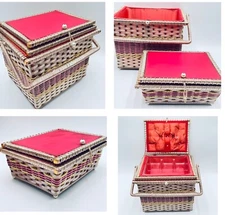 Vintage Large 3 Piece Red Woven Sewing Basket Top Box Compartment Removeable
