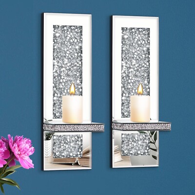 Crystal Crushed Diamond Mirrored Candle Sconces Wall Decor Set of 2 Silver Gl...
