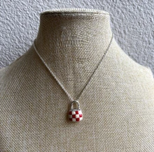 ZAD Silver Tone Necklace With Red And White Checked Purse Pendant NWT