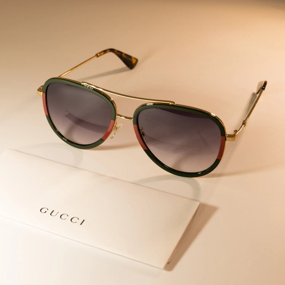 Gucci GG0062S 003 57mm Aviator Green/Red Unisex Sunglasses with Light Grey Lens - Image 2 of 4