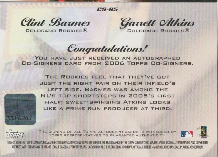 Tarjeta automática doble autógrafo Clint Barnes & Garrett Atkins 2005 Topps Cofirmantes Foto 2 de 2