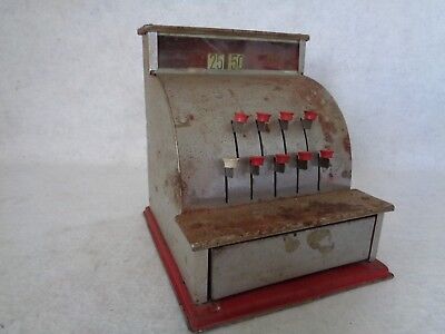 Gold With Black Print and Designs With Red Bottom Vintage Toy Cash Register Black and Red Plastic Handle Push Buttons to Raise Numbers.