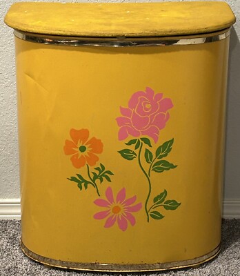 Vintage Detecto NewYork MCM Yellow Floral Design Metal Laundry Hamper
