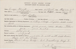 DETROIT TIGERS MINOR LEAGUE BASEBALL MANAGER'S REPORT PLAYER GEORGE ALUSIK  1958