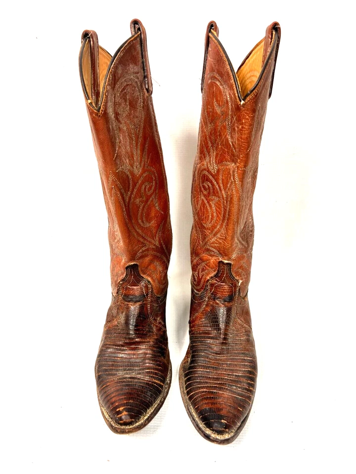 Dan Post Cowboy Boots LIZARD Mid Calf Brown Point toe Cowgirl Women's 6.5 Nice - Image 2 of 4
