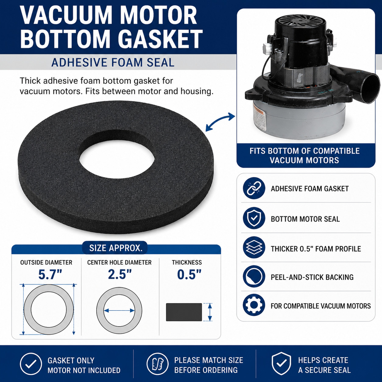 Vacuum Motor Bottom Gasket Adhesive Foam Seal 5.7" OD x 2.5" ID x 0.5"