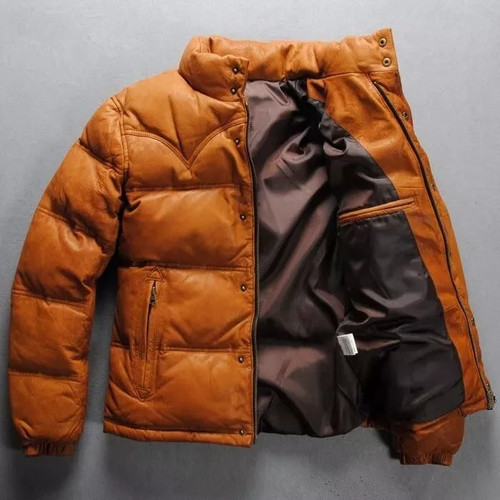 Men's TAN Puffer Jacket Real Lambskin Leather Quilted Bomber Jacket Gift For Him - Picture 5 of 7