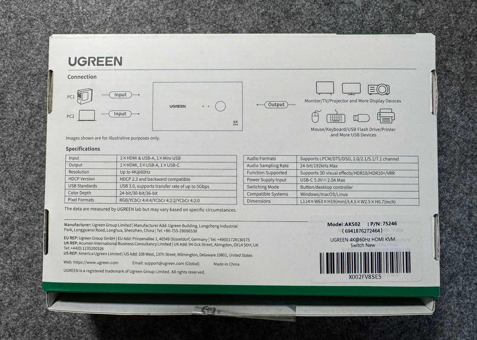 UGREEN HDMI KVM Switch 2 PC 1 Monitor 4K@60Hz, 4x USB 3.0 Controller Desktop IMBALLO ORIGINALE foto 2