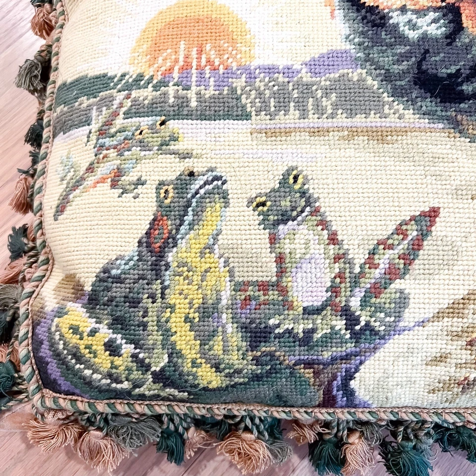 GRANDE 22x18 Vintage Francés Country Gallo Rana Punta de Aguja Almohada Borla Flecos Foto 3 de 4