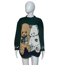 Vintage Maggie Lawrence Intarsia Knit Teddy Bear Sweater Size 14/16 Made In USA