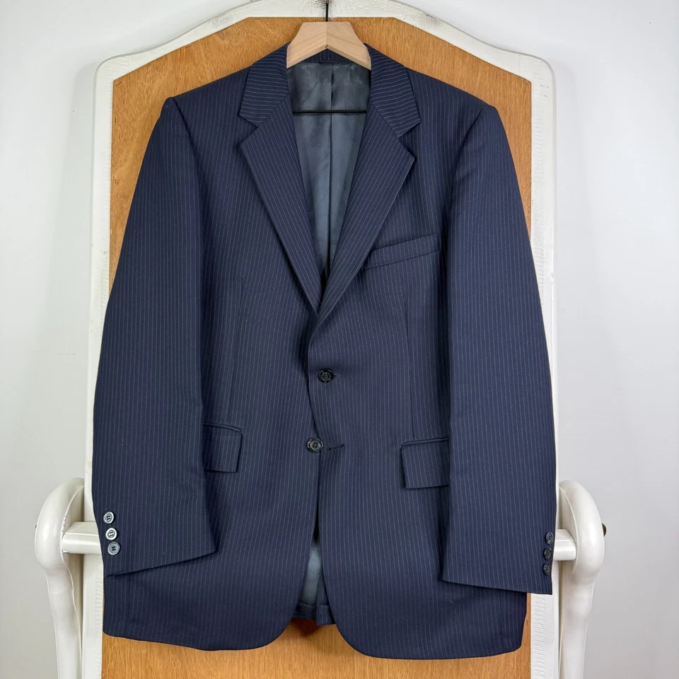 VTG Polyester Suit MEns 40R Navy Blue Pinstripe 2 Button 34x30 Flat Front 70s - Image 2 of 4