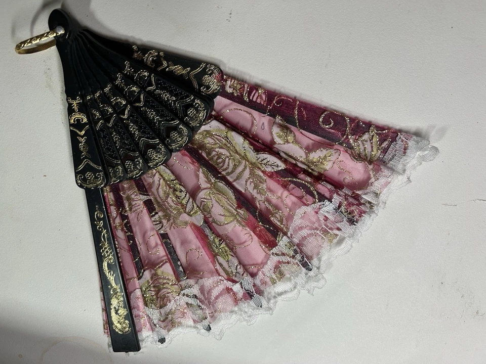 Ventilador de mano plegable para mujer rojo oscuro rosa malva con mango negro plegable de colección Foto 3 de 4