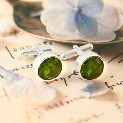 925 Sterling Silver Green Peridot  Gemstone jewelry Handmade Cufflinks - Foto 1 di 3