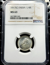 ΒΌ Rupee 1917 C Calcutta George V KING & EMPEROR India British MS63 NGC Very Rare