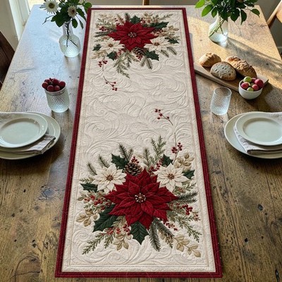Floral Poinsettia Quilted Table Runner Red White Pine Cone Christmas Decor