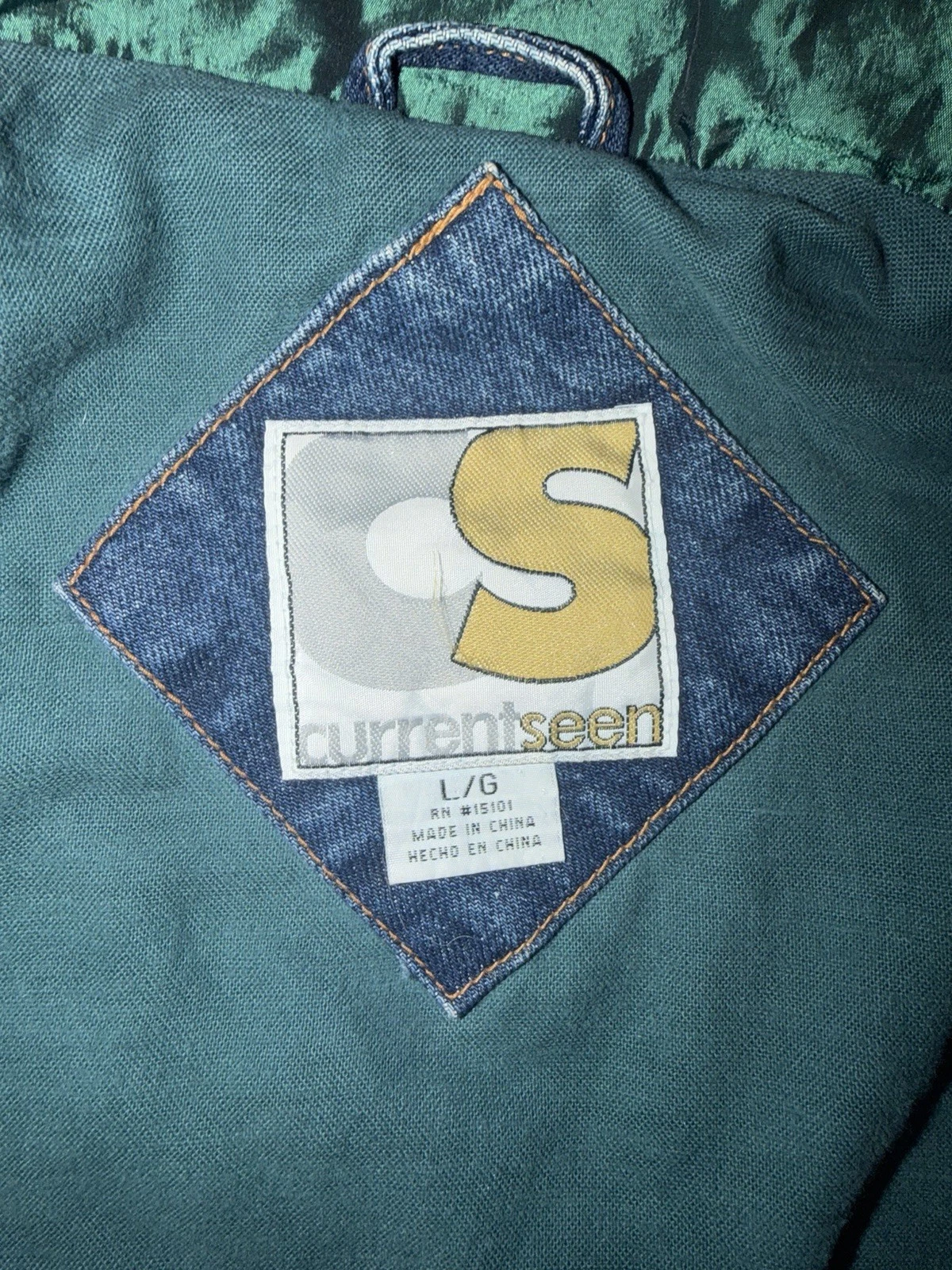 Currentseen Men Denim Jacket L Geometric 90s Retro Button Stand Collar Pockets image 3