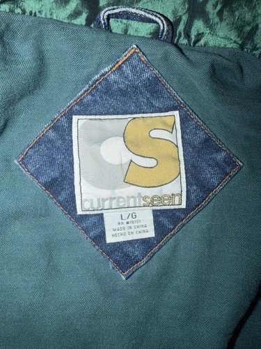 Currentseen Men Denim Jacket L Geometric 90s Retro Button Stand Collar Pockets image 3