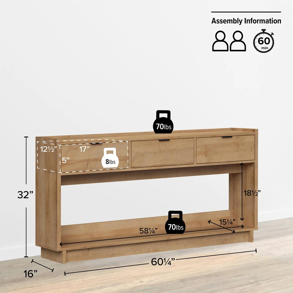 Prepac Simply Modern 60,25 pulgadas Consola de madera de ingeniería con 3 cajones en roble Foto 3 de 4