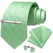 Green Pliads Necktie Mens Tie Hankie Cufflinks Tie Pin Set Gift Wedding