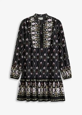 Tunika Kleid Gr. 48 Schwarz Bedruckt Damen Langarmkleid Mini Freizeitkleid Neu*