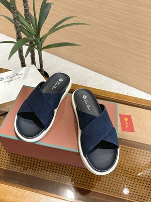Loro Piana Summer Walk Suede Cross-Strap Slides - Navy Blue