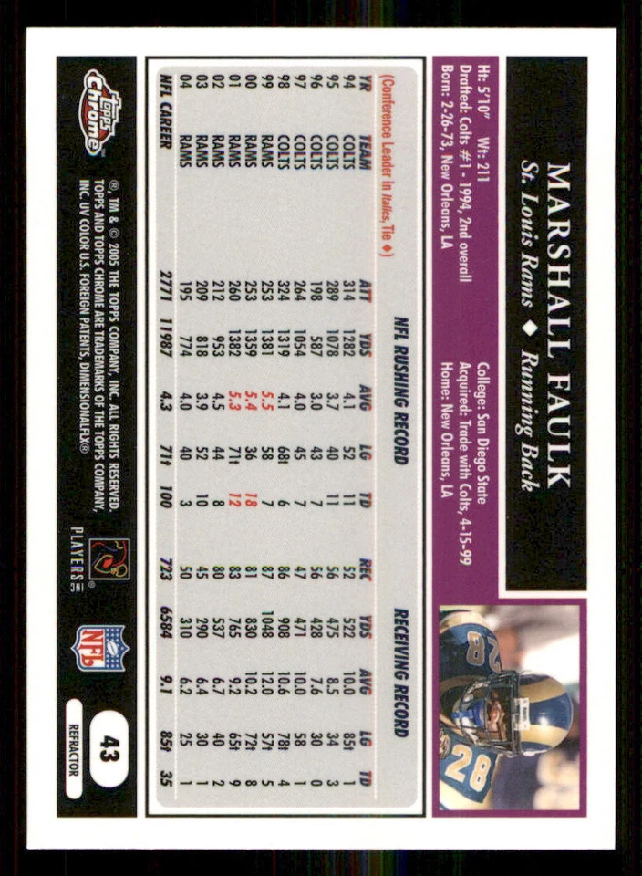 2005 Topps Chrome Refractors #43 Marshall Faulk - Image 2 of 2