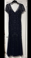 Adrianna Papell Navy Beaded Embellished Short Sleeve Formal Dress