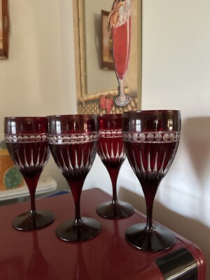 4 Williams Sonoma  Garnet Somerset Wine Glasses ,  Cut to Clear. 7 & 7/8 ''