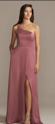 crepe-back satin one-shoulder bridesmaid dress Peach One Shoulder Pleated Chiffon Slit Floor Length Bridesmaid Dress